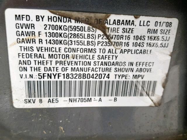 5FNYF18328B042074 - 2008 HONDA PILOT SE GRAY photo 10