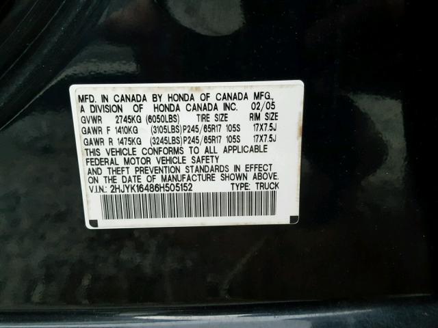 2HJYK16486H505152 - 2006 HONDA RIDGELINE BLACK photo 10