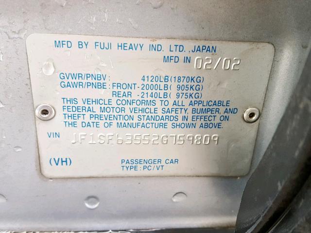 JF1SF63552G759809 - 2002 SUBARU FORESTER L SILVER photo 10