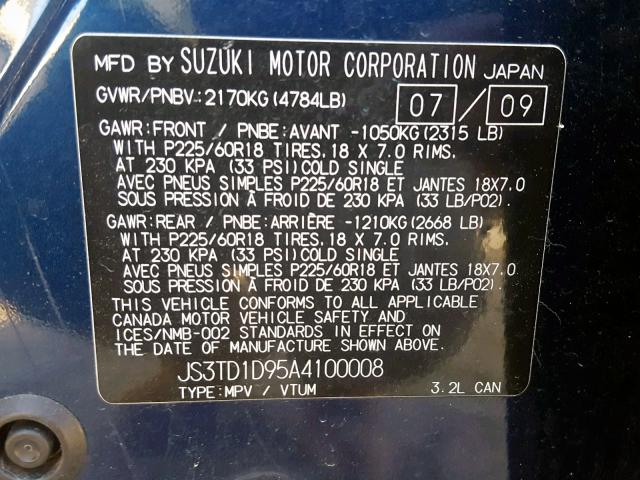 JS3TD1D95A4100008 - 2010 SUZUKI GRAND VITA BLUE photo 10