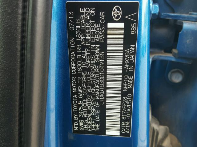 JTDKDTB30D1049138 - 2013 TOYOTA PRIUS C BLUE photo 10