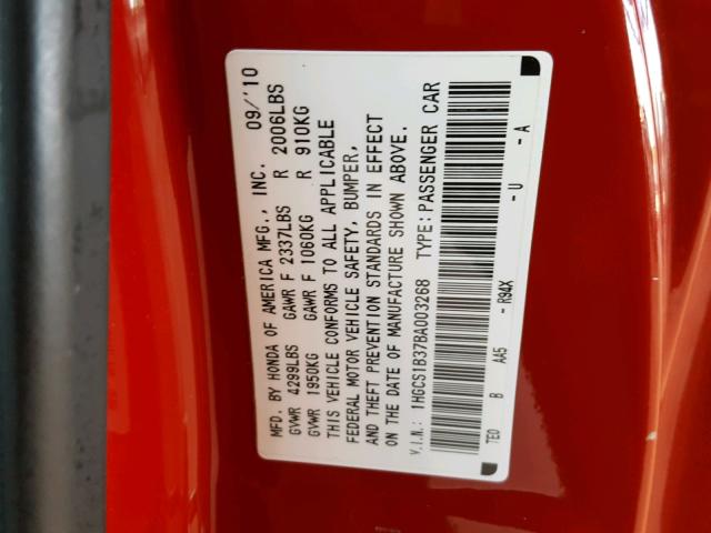 1HGCS1B37BA003268 - 2011 HONDA ACCORD LX- RED photo 10