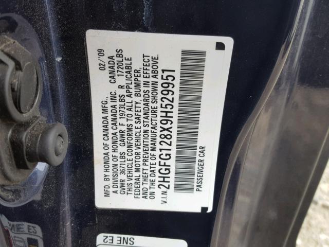 2HGFG128X9H529951 - 2009 HONDA CIVIC EX BLUE photo 10