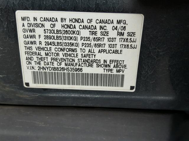 2HNYD18826H535966 - 2006 ACURA MDX TOURIN CHARCOAL photo 10