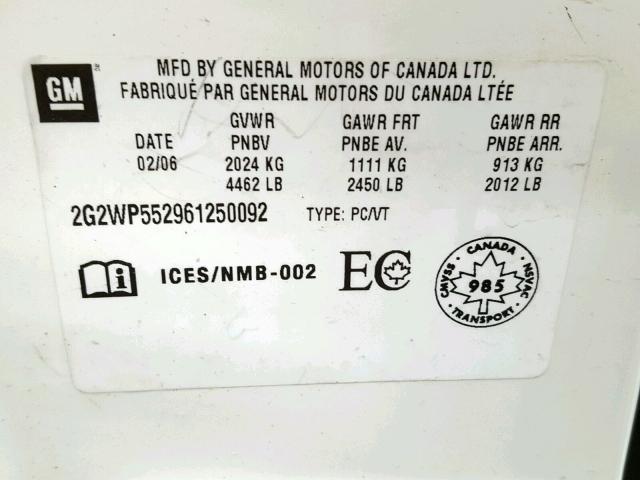 2G2WP552961250092 - 2006 PONTIAC GRAND PRIX WHITE photo 10