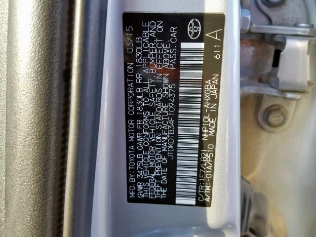 JTDKDTB34F1094375 - 2015 TOYOTA PRIUS C SILVER photo 10