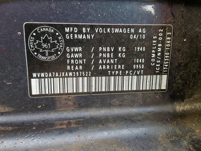 WVWDA7AJXAW397522 - 2010 VOLKSWAGEN GOLF 蓝色 照片 10