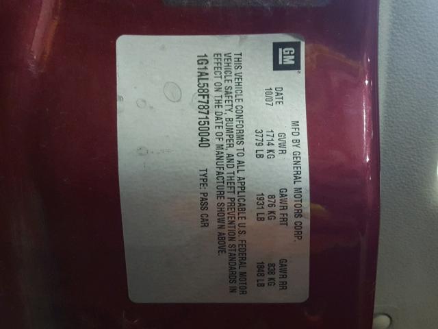 1G1AL58F787150040 - 2008 CHEVROLET COBALT LT RED photo 10