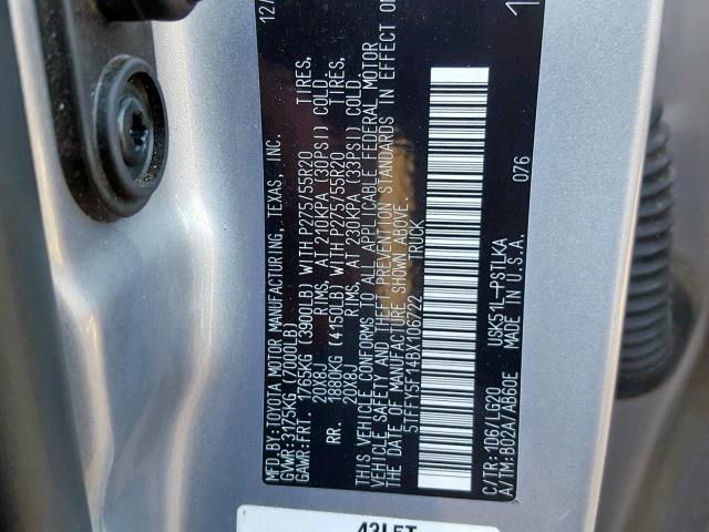 5TFFY5F14BX106722 - 2011 TOYOTA TUNDRA CRE SILVER photo 10