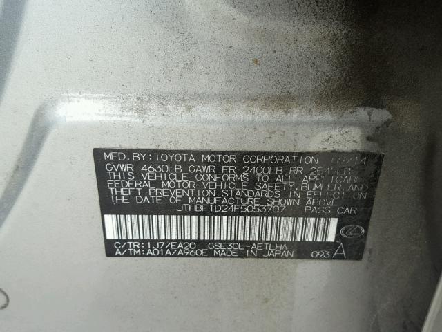 JTHBF1D24F5053707 - 2015 LEXUS IS 250 CHARCOAL photo 10