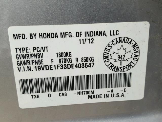 19VDE1F33DE403647 - 2013 ACURA ILX 20 SILVER photo 10