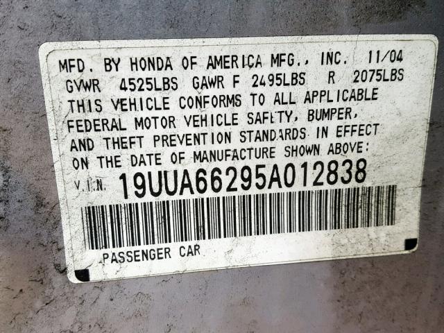 19UUA66295A012838 - 2005 ACURA TL SILVER photo 10