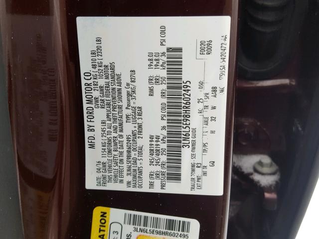 3LN6L5E98HR602495 - 2017 LINCOLN MKZ RESERV BURGUNDY photo 10