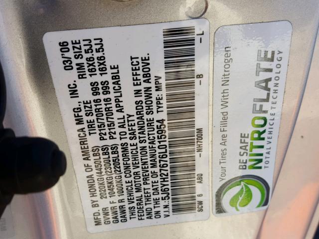 5J6YH27676L015954 - 2006 HONDA ELEMENT EX SILVER photo 10