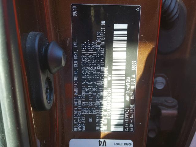 4T3ZA3BB8AU037394 - 2010 TOYOTA VENZA BASE BROWN photo 10