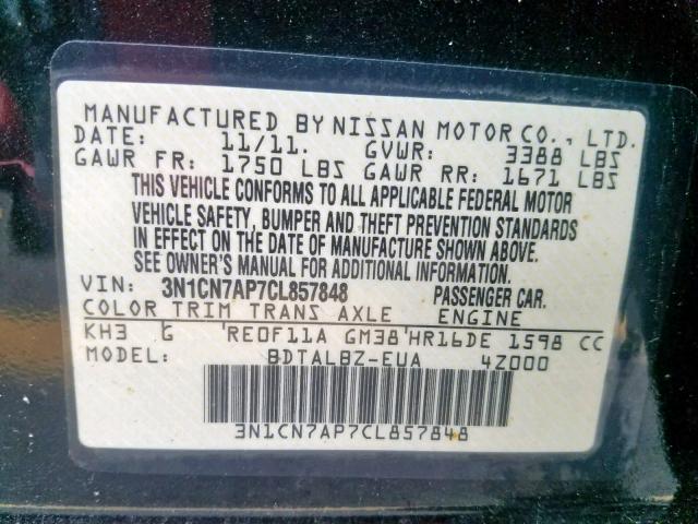 3N1CN7AP7CL857848 - 2012 NISSAN VERSA S BLACK photo 10