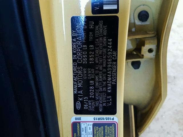 KNADM4A39G6592444 - 2016 KIA RIO LX YELLOW photo 10