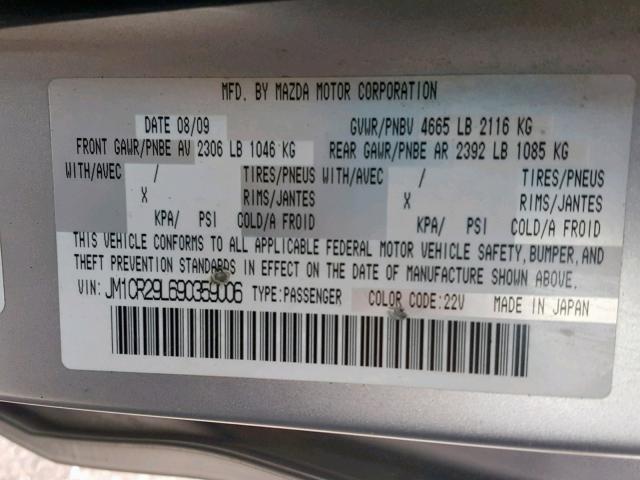 JM1CR29L690359006 - 2009 MAZDA 5 SILVER photo 10