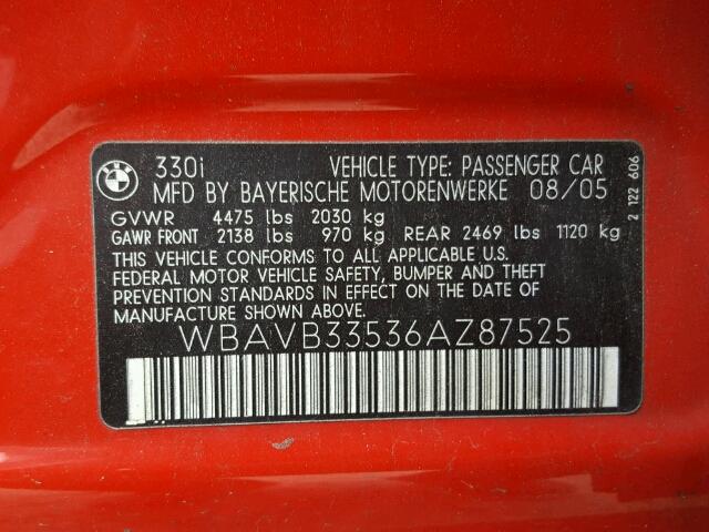 WBAVB33536AZ87525 - 2006 BMW 330 I RED photo 10