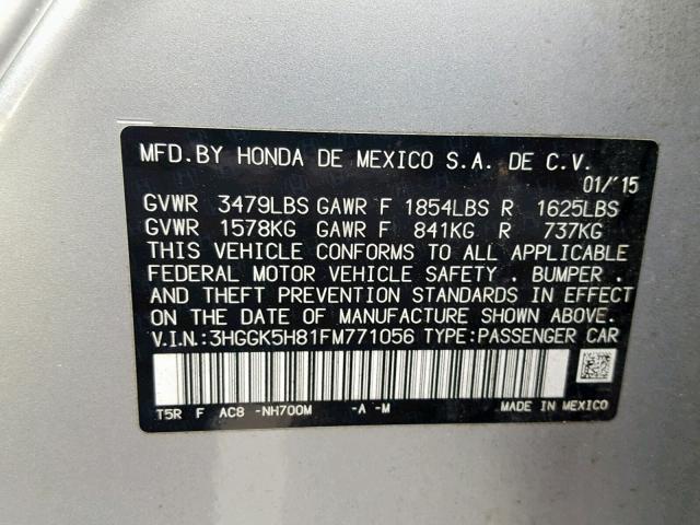 3HGGK5H81FM771056 - 2015 HONDA FIT EX SILVER photo 10