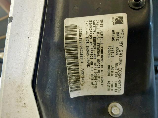 1G8AJ52F75Z182034 - 2005 SATURN ION LEVEL SILVER photo 10