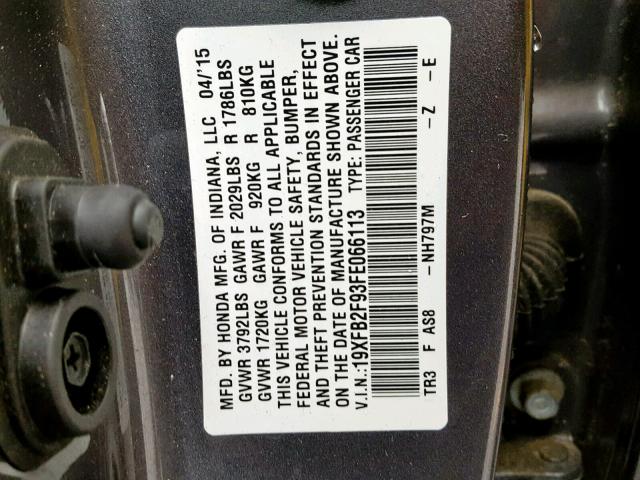 19XFB2F93FE066113 - 2015 HONDA CIVIC EXL GRAY photo 10