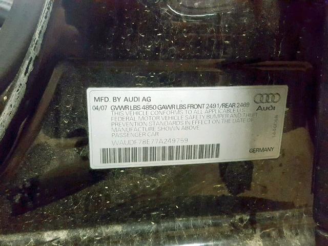 WAUDF78E77A249759 - 2007 AUDI A4 2.0T QU BLACK photo 10