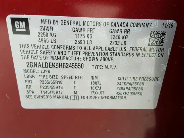 2GNALDEK9H6245550 - 2017 CHEVROLET EQUINOX PR RED photo 10