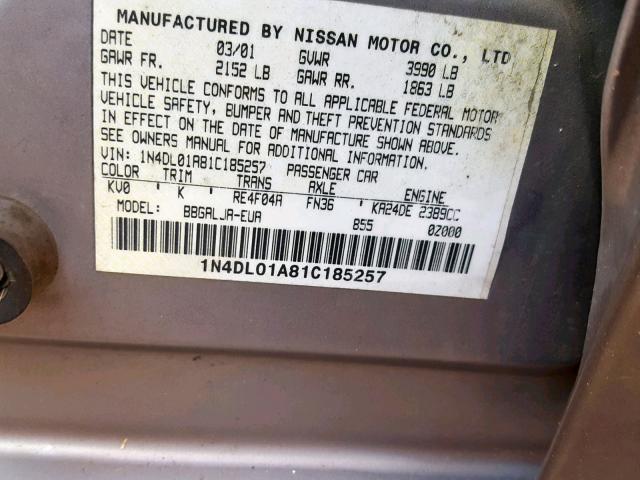 1N4DL01A81C185257 - 2001 NISSAN ALTIMA GXE GRAY photo 10