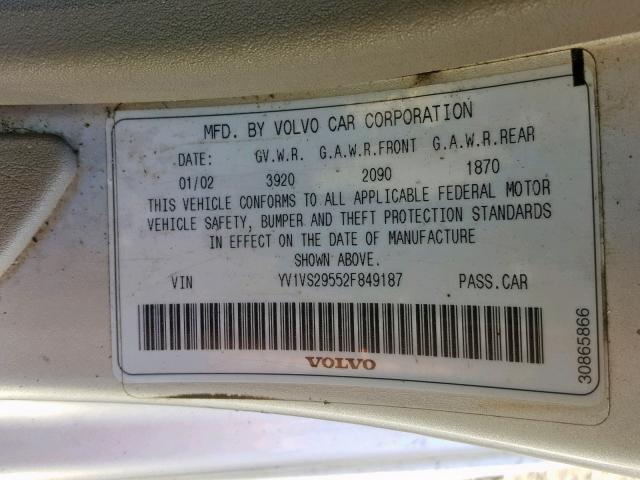 YV1VS29552F849187 - 2002 VOLVO S40 1.9T SILVER photo 10