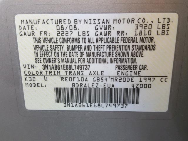 3N1AB61E68L749737 - 2008 NISSAN SENTRA 2.0 GRAY photo 10