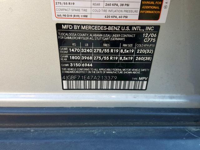 4JGBF71E47A213379 - 2007 MERCEDES-BENZ GL 450 4MA SILVER photo 10