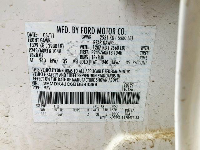 2FMDK4JC6BBB44399 - 2011 FORD EDGE SEL WHITE photo 10