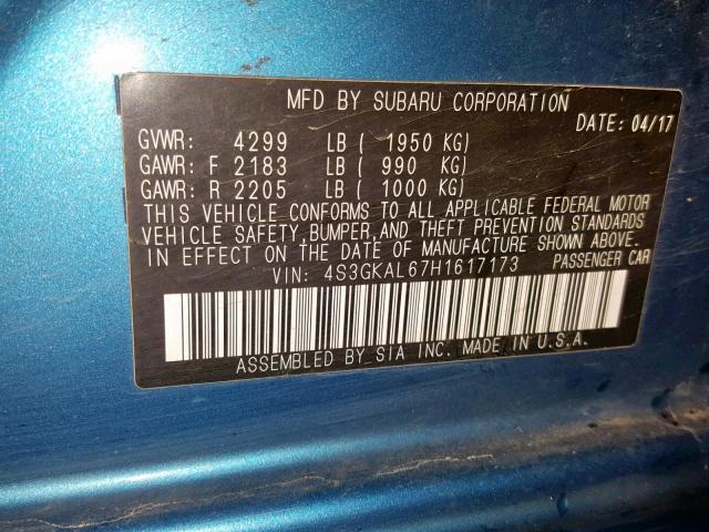 4S3GKAL67H1617173 - 2017 SUBARU IMPREZA SP BLUE photo 10