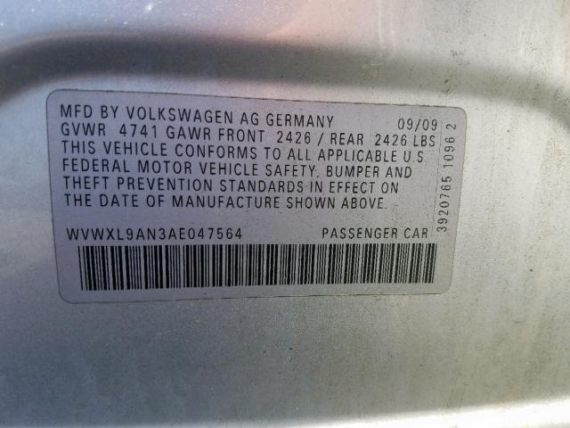 WVWXL9AN3AE047564 - 2010 VOLKSWAGEN PASSAT KOM SILVER photo 10