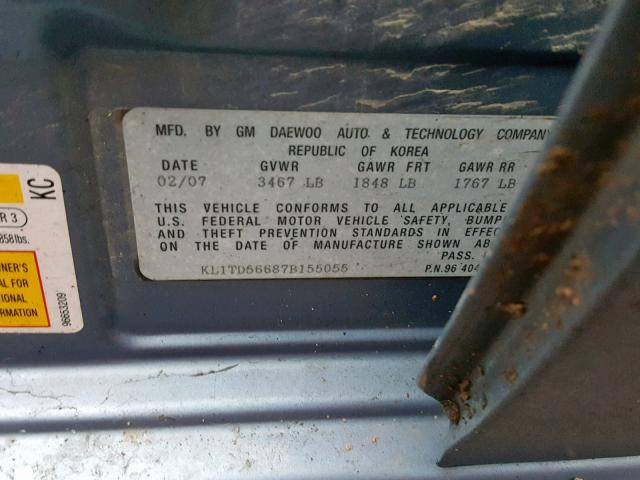 KL1TD56687B155055 - 2007 CHEVROLET AVEO BASE Көк фото 10