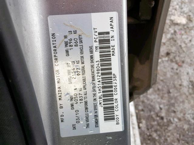 JM1BL1H51A1298043 - 2010 MAZDA 3 S GRAY photo 10