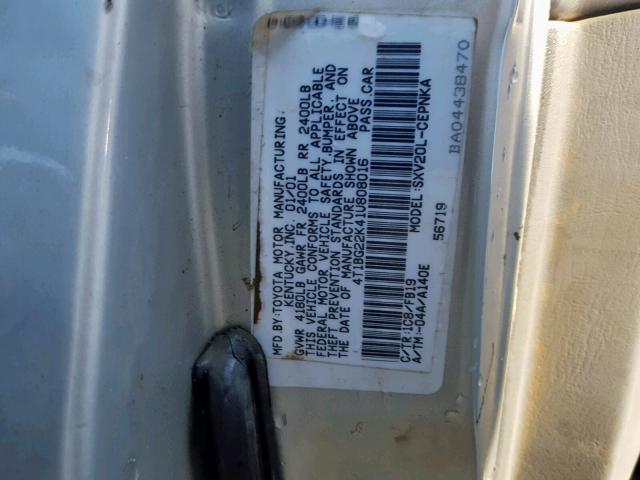 4T1BG22K41U808016 - 2001 TOYOTA CAMRY CE BEIGE photo 10