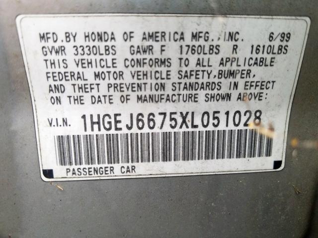 1HGEJ6675XL051028 - 1999 HONDA CIVIC LX SILVER photo 10