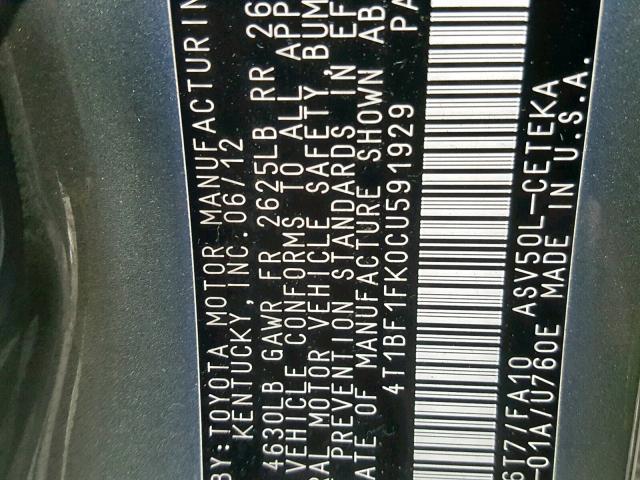 4T1BF1FK0CU591929 - 2012 TOYOTA CAMRY BASE Yaşıl foto 10