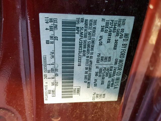 5LMFU28R23LJ33318 - 2003 LINCOLN NAVIGATOR Бордовый фото 10