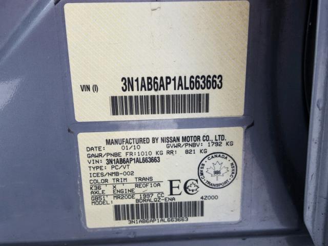 3N1AB6AP1AL663663 - 2010 NISSAN SENTRA 2.0 GRAY photo 10