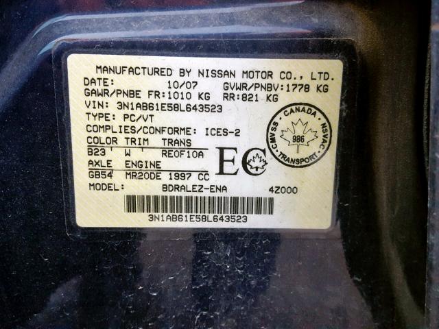 3N1AB61E58L643523 - 2008 NISSAN SENTRA 2.0 BLUE photo 10