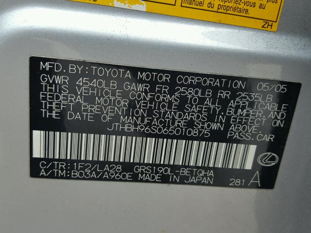 JTHBH96S065010875 - 2006 LEXUS GS GENERAT SILVER photo 10