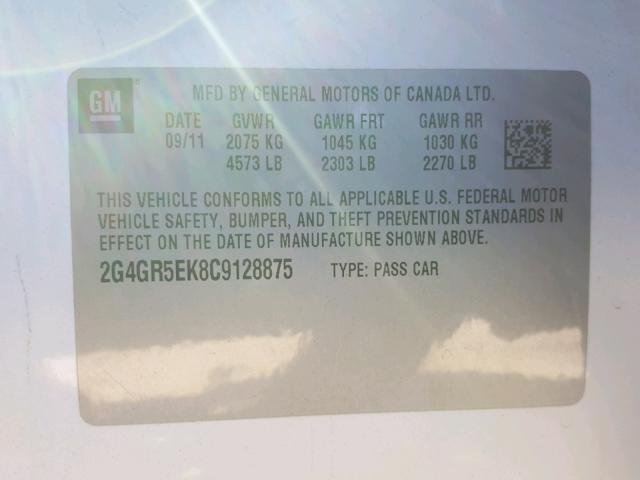 2G4GR5EK8C9128875 - 2012 BUICK REGAL WHITE photo 10