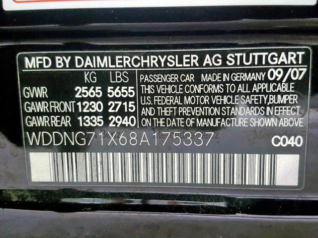 WDDNG71X68A175337 - 2008 MERCEDES-BENZ S 550 BLACK photo 10