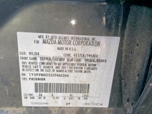 1YVFP80D245N66266 - 2004 MAZDA 6 S GRAY photo 10