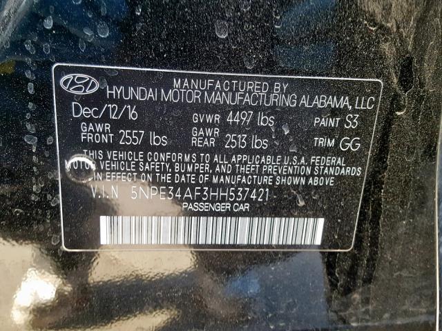 5NPE34AF3HH537421 - 2017 HYUNDAI SONATA SPO BLACK photo 10