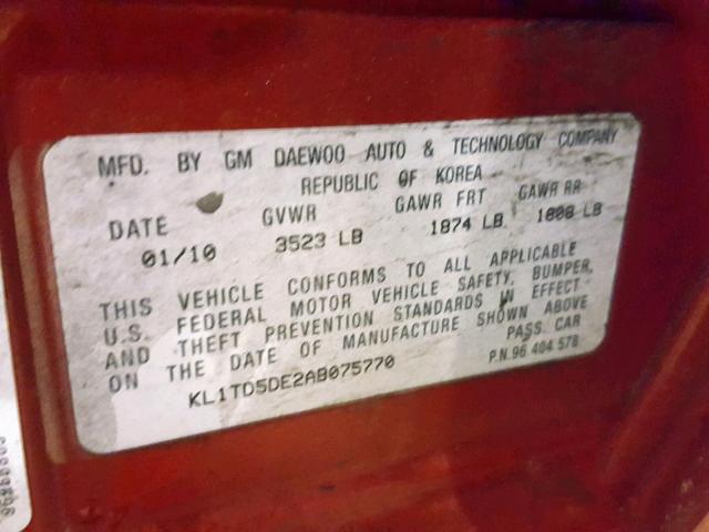 KL1TD5DE2AB075770 - 2010 CHEVROLET AVEO LS RED photo 10