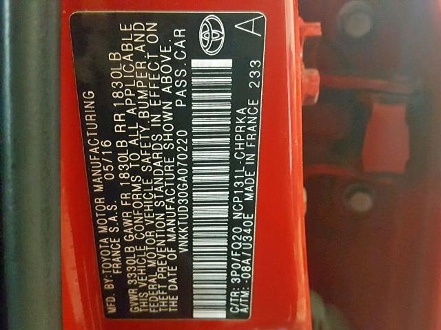 VNKKTUD30GA070220 - 2016 TOYOTA YARIS L RED photo 10